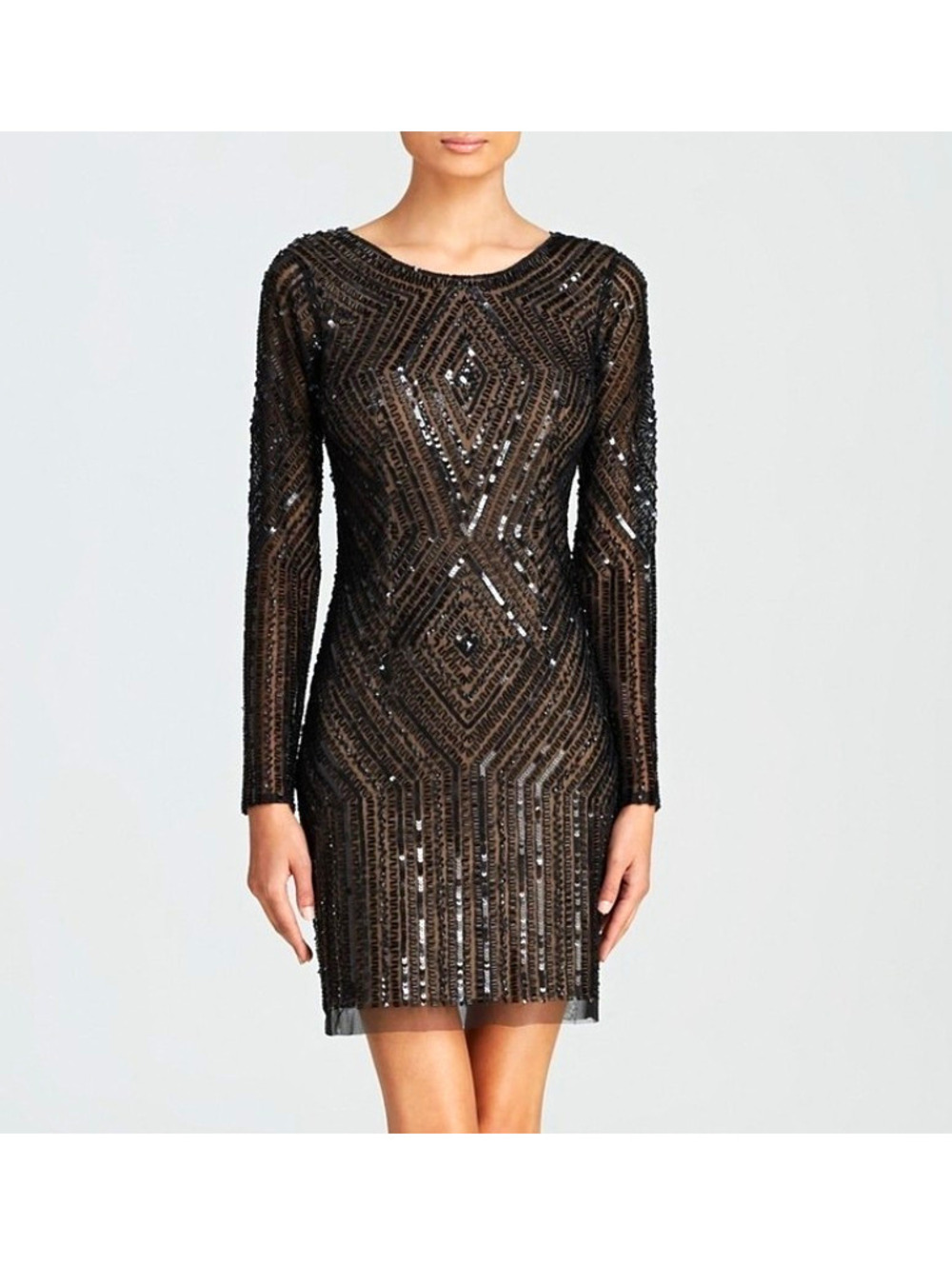 Adrianna Papell Black Beaded Art Deco Long Sleeve Cocktail Shift Dress Sz 4